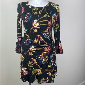 Eci New York Faux Wrap Dress Bell Sleeve Black Floral